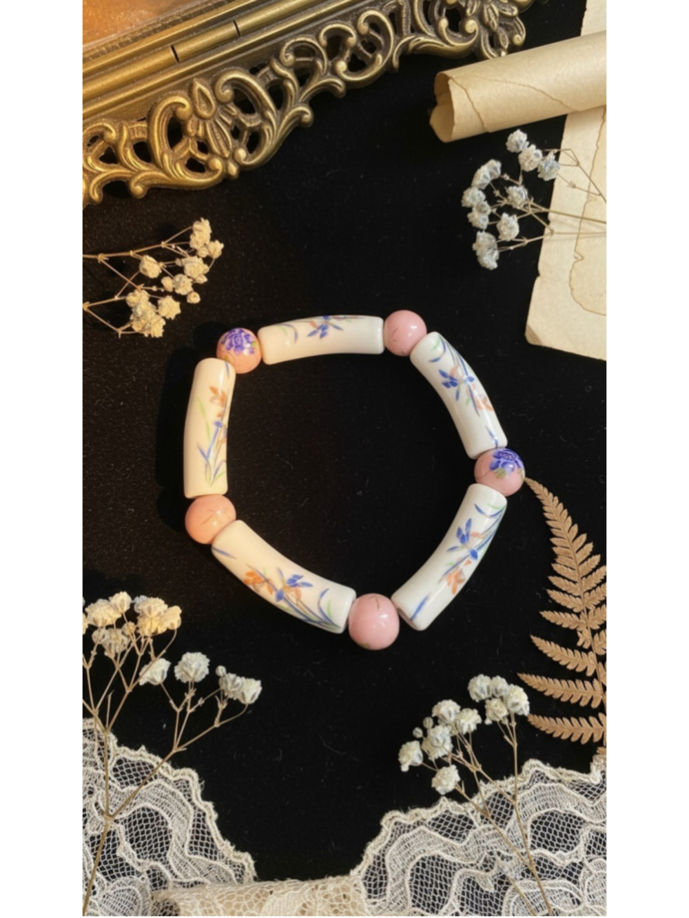 Vintage Hand Painted Ceramic Floral Stretch Bracelet